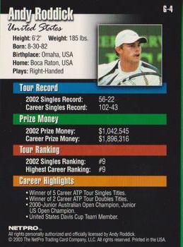 2003 NetPro - Glossy #G-4 Andy Roddick Back