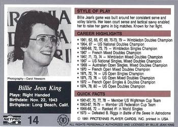1991 NetPro The Legends #14 Billie Jean King Back