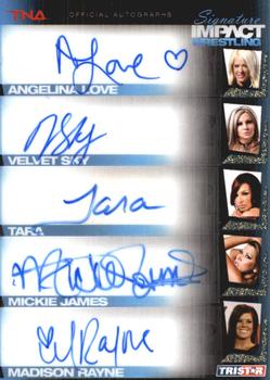 2011 TriStar Signature Impact - Gold Five Autographs #2 Angelina Love / Velvet Sky / Tara / Mickie James / Madison Rayne Front