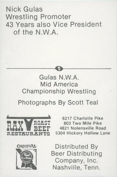 1979 Gulas/Rax Roast Beef Championship Wrestling #NNO Nick Gulas Back