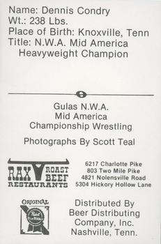 1979 Gulas/Rax Roast Beef Championship Wrestling #NNO Dennis Condrey Back