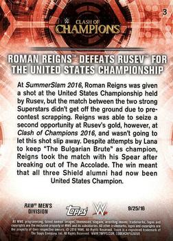 2018 Topps WWE Road To Wrestlemania #3 Roman Reigns Defeats Rusev For the United States Championship - Clash of Champions 2016 Back