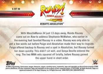 2019 Topps WWE Road to Wrestlemania - Rowdy Ronda Rousey Spotlight (Part 1) #6 Ronda Rousey Back