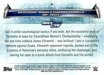2019 Topps WWE Women's Division #78 SmackDown Women's Champion Carmella def. Asuka (Money in the Bank 2018 - 7/17/2018) Back