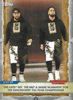 2020 Topps Road to WrestleMania #87 The Usos Def. The Miz & Shane McMahon for the SmackDown Tag Team Championship Front
