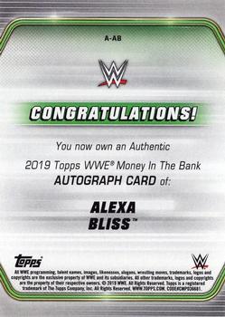 2019 Topps WWE Money in the Bank - Autographs Black #A-AB Alexa Bliss Back