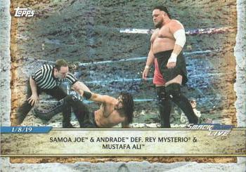 2020 Topps Road to WrestleMania - Foilboard #79 Samoa Joe & Andrade Def. Rey Mysterio & Mustafa Ali Front