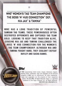 2020 Topps WWE Women's Division #17 WWE Women's Tag Team Champions The Boss 'n' Hug Connection def. Nia Jax & Tamina Back
