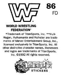 1992 Merlin WWF Stickers (England) #86 Undertaker Back