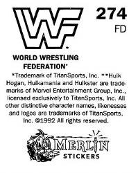 1992 Merlin WWF Stickers (England) #274 Bobby Heenan Back