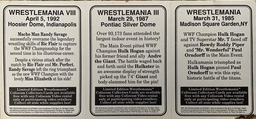1993 Coliseum Video WWF WrestleMania - Panels #1/3/8 Wrestlemania / Wrestlemania III / Wrestlemania VIII Back
