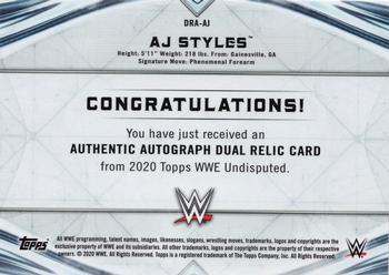 2020 Topps WWE Undisputed - Dual Relic Autographs Green #DRA-AJ AJ Styles Back