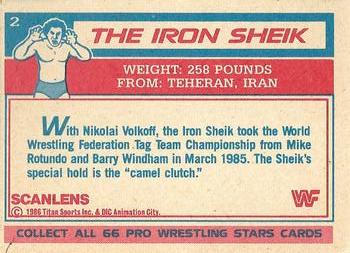 1986 Scanlens WWF Pro Wrestler #2 The Iron Sheik Back