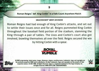 2021 Topps WWE #9 Roman Reigns def. King Corbin in a Falls Count Anywhere Match Back