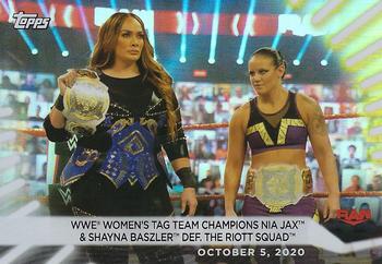 2021 Topps WWE Women's Division - Rainbow Foil #80 WWE Women’s Tag Team Champions Nia Jax & Shayna Baszler def. The Riott Squad Front