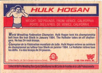 1985 O-Pee-Chee WWF Pro Wrestling Stars #1 Hulk Hogan Back