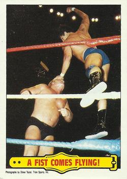 1985 Topps WWF Pro Wrestling Stars #34 A Fist Comes Flying! Front