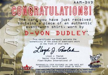 2002 Fleer WWF All Access - All Access Memorabilia #AAM-DVD D-Von Dudley  Back