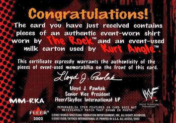 2002 Fleer WWF All Access - Match Makers Memorabilia #MM-RKA Kurt Angle / The Rock  Back