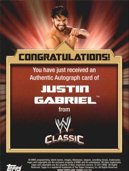2011 Topps WWE Classic - Autographs #9 Justin Gabriel Back