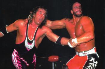 1998 Panini WCW/nWo Photocards #48 Macho Man Randy Savage / Bret Hart Front