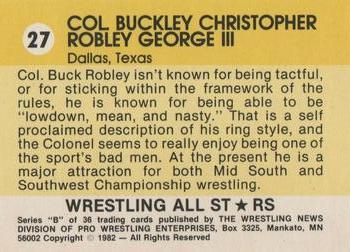 1982 Wrestling All Stars Series B #27 Col. Buck Robley Back