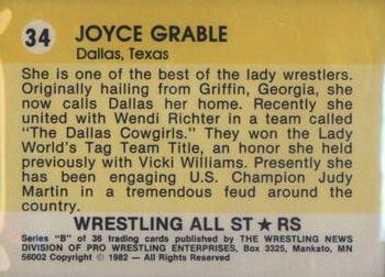 1982 Wrestling All Stars Series B #34 Joyce Grable Back