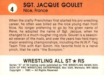 1983 Wrestling All Stars Series A #4 Sgt. Jacques Goulet Back