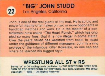 1983 Wrestling All Stars Series A #22 Big John Studd Back