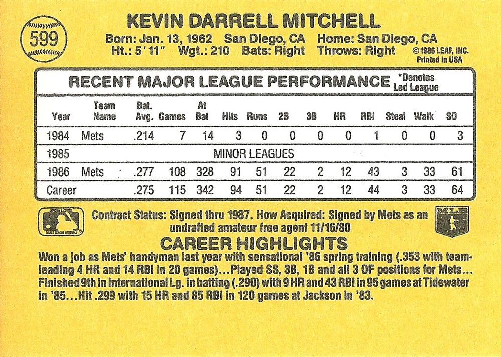 1987 Donruss #599 Kevin Mitchell | Trading Card Database