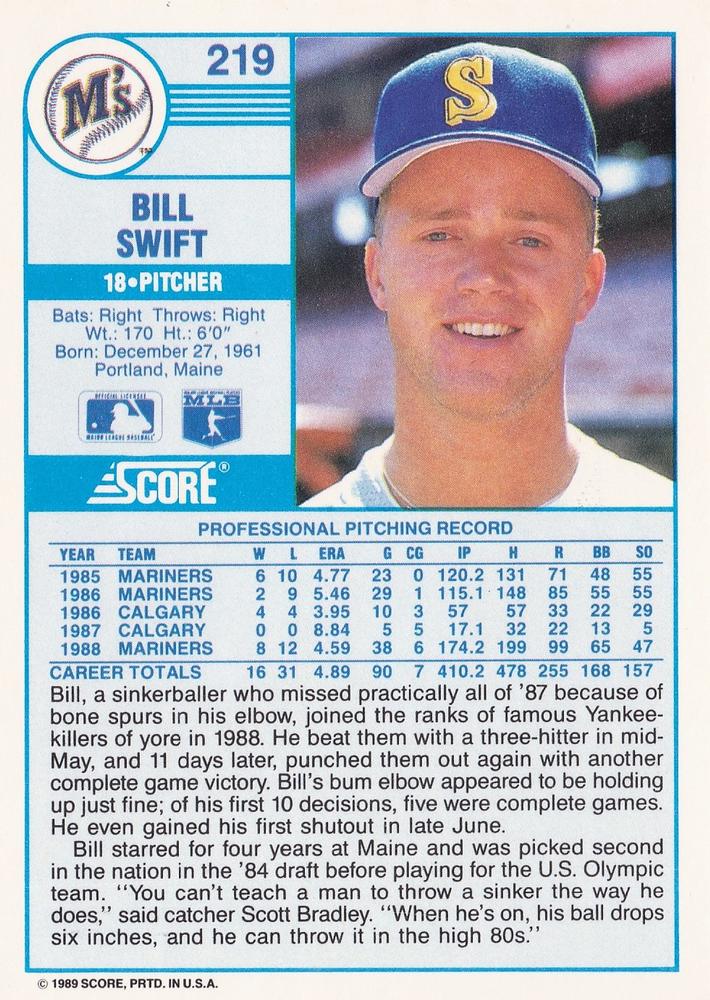 1989 Score #219 Bill Swift | Trading Card Database