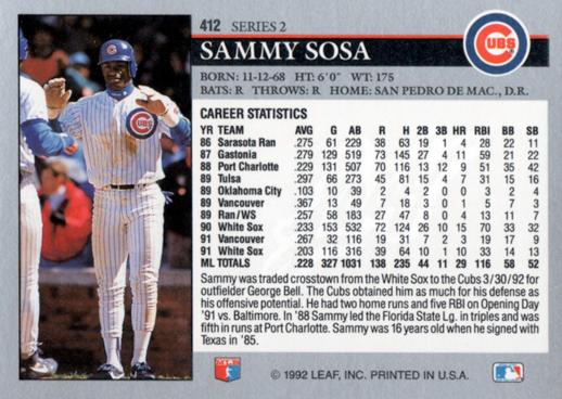 1992 Leaf #412 Sammy Sosa | Trading Card Database