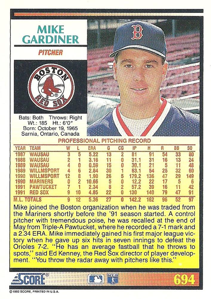 1992 Score #694 Mike Gardiner | Trading Card Database