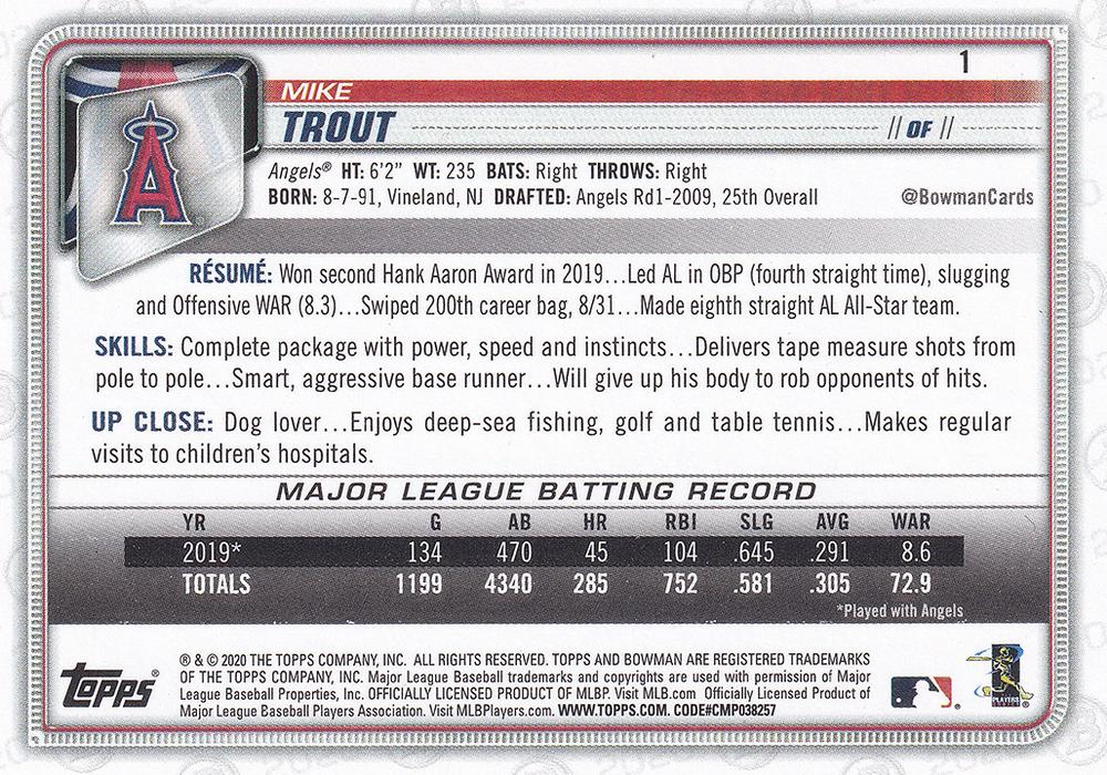 2020 Bowman #1 Mike Trout | Trading Card Database