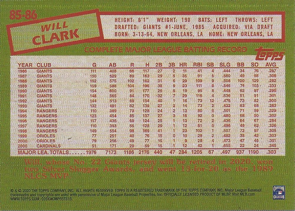 2020 Topps - 1985 Topps 35th Anniversary (Series One) #85-86 Will Clark ...