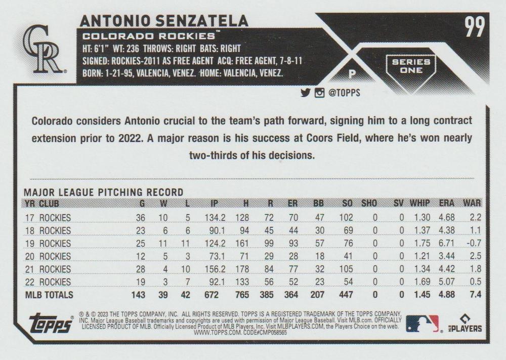 2023 Topps #99 Antonio Senzatela | Trading Card Database