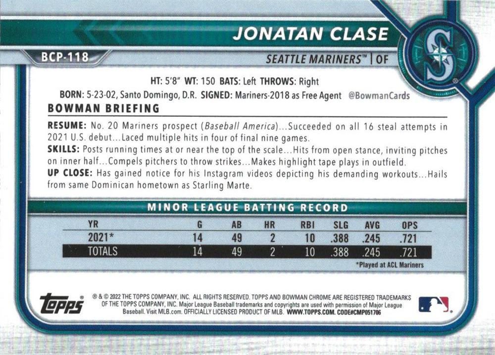 2022 Bowman - Chrome Prospects #BCP-118 Jonatan Clase