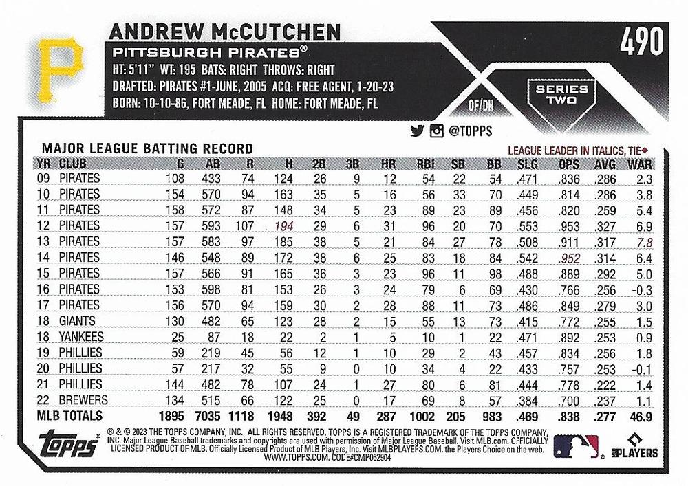  2023 Topps #490 Andrew McCutchen Pittsburgh Pirates
