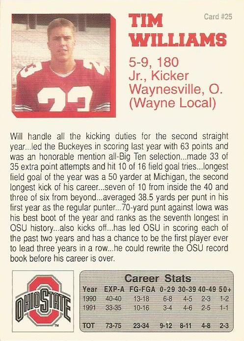 1992 Ohio State Buckeyes #25 Tim Williams  Trading Card Database