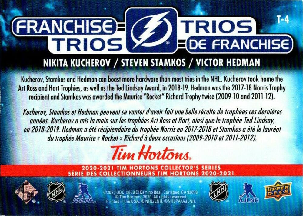 2020-21 Upper Deck Tim Hortons Collector's Series - Franchise Trios #T-4 -  Nikita Kucherov, Steven Stamkos, Victor Hedman