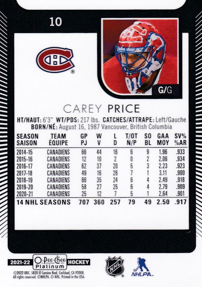 2021-22 O-Pee-Chee (Upper Deck OPC) Carey Price Canada #10
