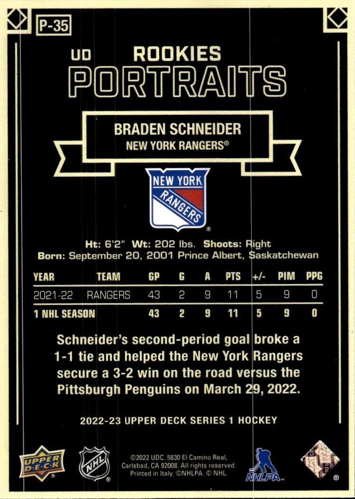 2022-23 Series 1 UD Portraits SP's #P-35 Braden Schneider - New York  Rangers!