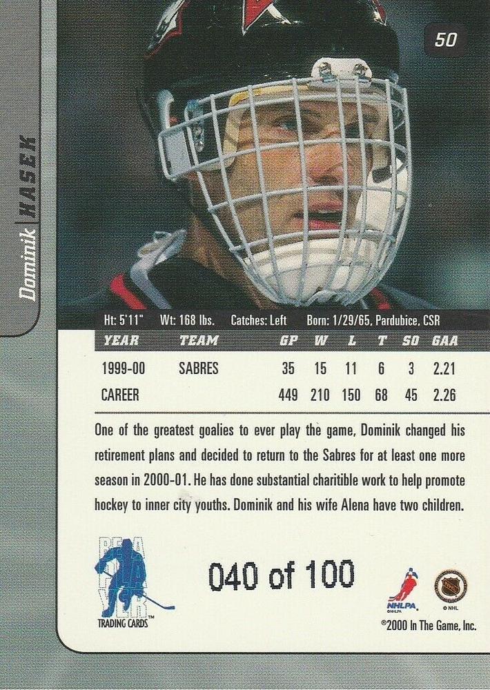 2000-01 BAP Memorabilia Jersey #J13 Dominik Hasek - - From the Vault  Version All-Star Game-Worn Jersey Card Serial #1/1 - NM-MT